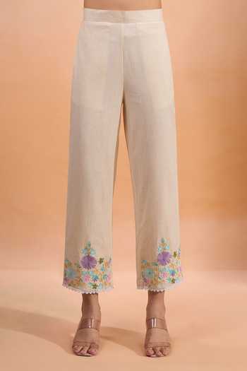 Khwaab By Sanjana Lakhani Cream Linen Embroidery, Lace V-neck Kurta And Pant Set at Aza Fashions Khwaab By Sanjana Lakhani_Cream Linen Embroidery, Lace V-neck Kurta And Pant Set _at_Aza_Fashions