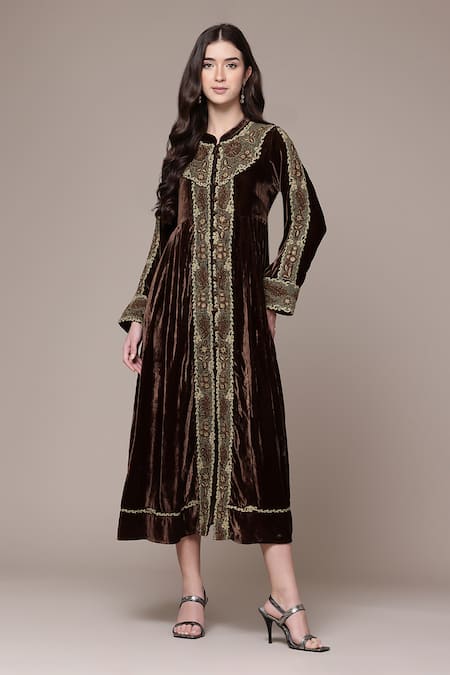 Shop_Ritu Kumar_Brown Velvet, Silk Beads, Embroidery Mandarin Collar Vernia A-line Dress _Online_at_Aza_Fashions