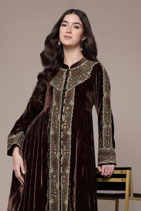 Ritu Kumar_Brown Velvet, Silk Beads, Embroidery Mandarin Collar Vernia A-line Dress _at_Aza_Fashions