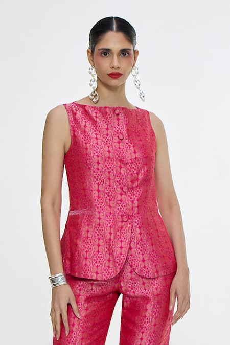 Buy_Ekaya Banaras_Fuchsia Satin, Silk Round Neck Floral Handwoven Waistcoat And Pant Co-ord Set _Online_at_Aza_Fashions