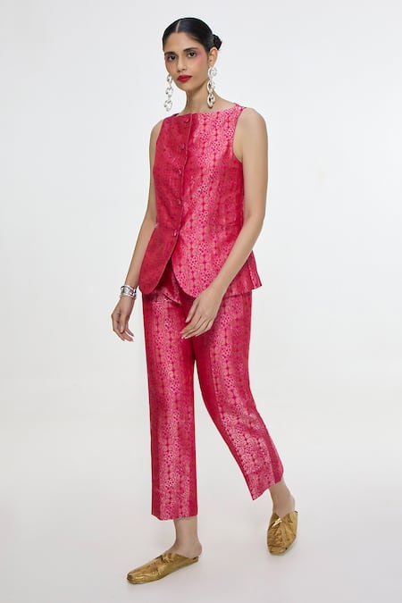 Ekaya Banaras_Fuchsia Satin, Silk Round Neck Floral Handwoven Waistcoat And Pant Co-ord Set _at_Aza_Fashions