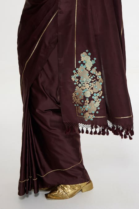 Buy Ekaya Banaras Burgundy Satin, Silk Embroidery, Metallic Thread, Handwoven And Panel Saree Online at Aza Fashions Buy_Ekaya Banaras_Burgundy Satin, Silk Embroidery, Metallic Thread, Handwoven And Panel Saree _Online_at_Aza_Fashions