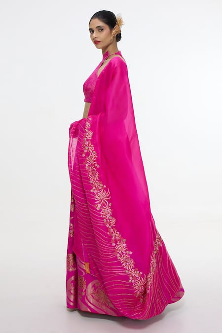 Shop_Ekaya Banaras_Fuchsia Satin, Silk, Organza Zari, Floral And Waves Handwoven Pattern Lehenga Set _Online_at_Aza_Fashions