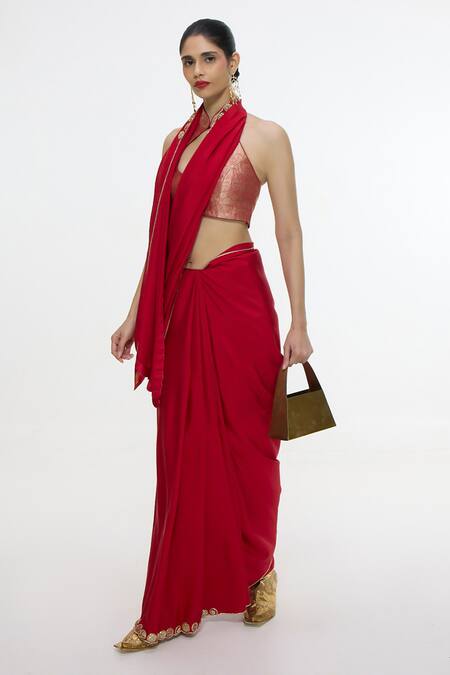 Shop_Ekaya Banaras_Red Silk Embroidery, Studs Handwoven Vermillion Saree _Online_at_Aza_Fashions