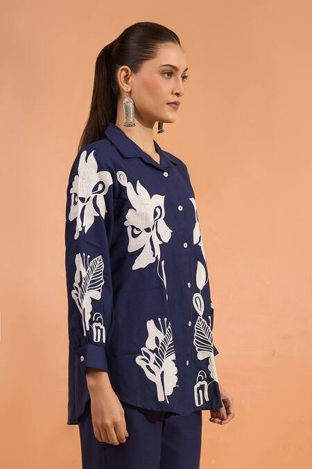 Naintara Bajaj_Navy Embroidery Collared Floral Shirt _at_Aza_Fashions