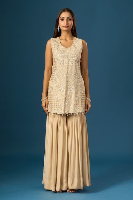 Shop_Samyukta Singhania_Beige Crepe, Silk, Organza Sequins, Beads, Embroidery Hand Kurta Sharara Set _Online_at_Aza_Fashions