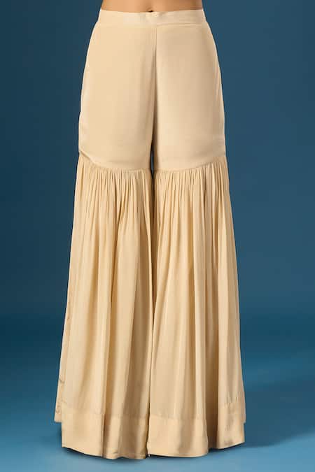 Buy_Samyukta Singhania_Beige Crepe, Silk, Organza Sequins, Beads, Embroidery Hand Kurta Sharara Set 