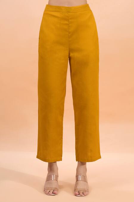 Naintara Bajaj Mustard Cotton, Linen Embroidery Collared, Button-down Neck Kurta And Pant Set at Aza Fashions Naintara Bajaj_Mustard Cotton, Linen Embroidery Collared, Button-down Neck Kurta And Pant Set _at_Aza_Fashions