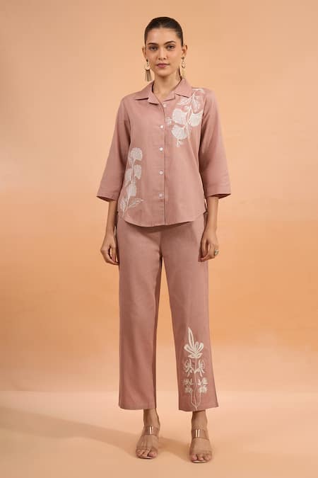 Naintara Bajaj_Pink Cotton, Linen Embroidery Collared Shirt And Pant Set _at_Aza_Fashions