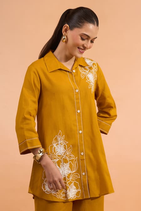 Shop Naintara Bajaj Mustard Cotton, Linen Embroidery Collared, Button-down Neck Kurta And Pant Set Online at Aza Fashions Shop_Naintara Bajaj_Mustard Cotton, Linen Embroidery Collared, Button-down Neck Kurta And Pant Set _Online_at_Aza_Fashions