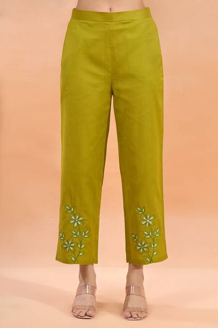 Buy Naintara Bajaj Green Cotton, Linen Embroidery Collared, Button-down Floral Kurta And Pant Set Buy_Naintara Bajaj_Green Cotton, Linen Embroidery Collared, Button-down Floral Kurta And Pant Set