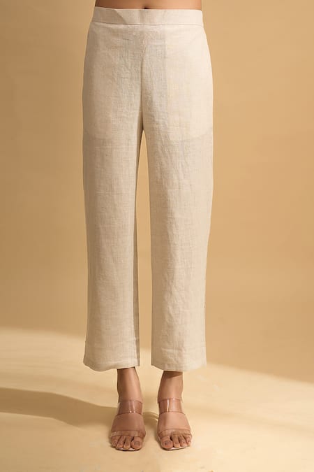 Shop Naintara Bajaj Beige Linen Embroidery Split V-neck Kurta And Pant Set Online at Aza Fashions Shop_Naintara Bajaj_Beige Linen Embroidery Split V-neck Kurta And Pant Set _Online_at_Aza_Fashions