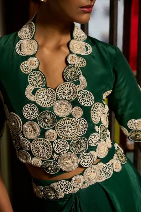 Shop_Saangi_Green Viscose, Crepe Embroidery, Beads, Poise Jacket And Draped Cowl Skirt Set 