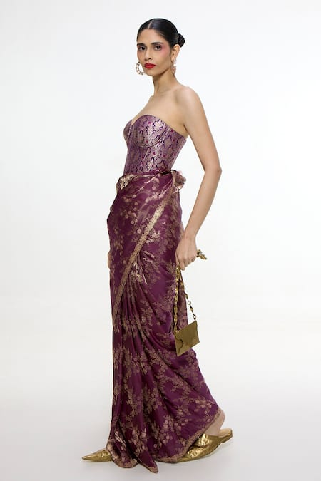 Buy Ekaya Banaras Brown Satin Zari Floral Handwoven Saree Online at Aza Fashions Buy_Ekaya Banaras_Brown Satin Zari Floral Handwoven Saree _Online_at_Aza_Fashions