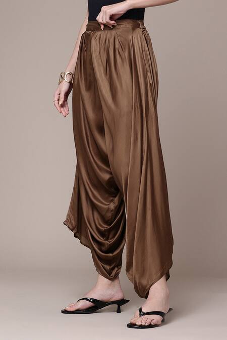 Ritu Kumar_Brown Satin Solid Draped Palazzo Pant _at_Aza_Fashions