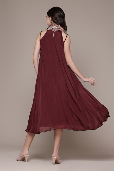 Ritu Kumar Cascade Solid Solid Halter Neck Dress With Scarf 