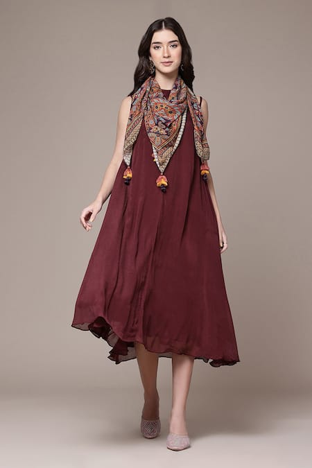 Shop_Ritu Kumar_Wine Viscose Chinon Chiffon Tassels Cascade Dress With Scarf _Online_at_Aza_Fashions