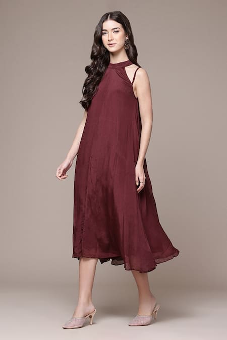 Buy_Ritu Kumar_Wine Viscose Chinon Chiffon Tassels Cascade Dress With Scarf 