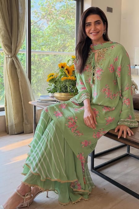 Nikasha_Lime Georgette Embroidery Round Neck Dilkush Floral Print Kurta Sharara Set _at_Aza_Fashions