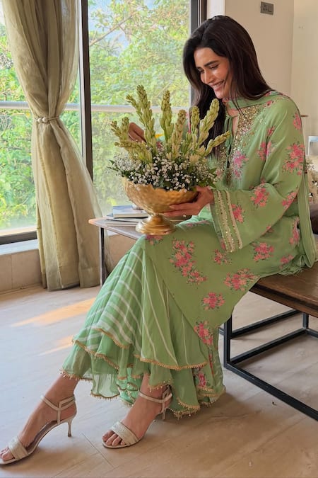 Shop_Nikasha_Lime Georgette Embroidery Round Neck Dilkush Floral Print Kurta Sharara Set 