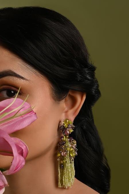 Shop_House Of D"Oro_Green Beads, Stones Fleuria Beaded Tassel Drop Earrings _Online_at_Aza_Fashions