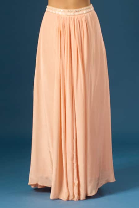 Shop Samyukta Singhania Peach Organza, Crepe Mirrors, Sequins, Zari, Hand Embroidered Shrug Skirt Set Online at Aza Fashions Shop_Samyukta Singhania_Peach Organza, Crepe Mirrors, Sequins, Zari, Hand Embroidered Shrug Skirt Set _Online_at_Aza_Fashions