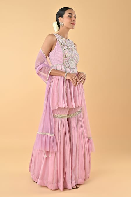 Keith Gomes_Lilac Chiffon, Crepe, Net Beads, Zari, And Embroidered Panel Tunic Gharara Set _Online_at_Aza_Fashions