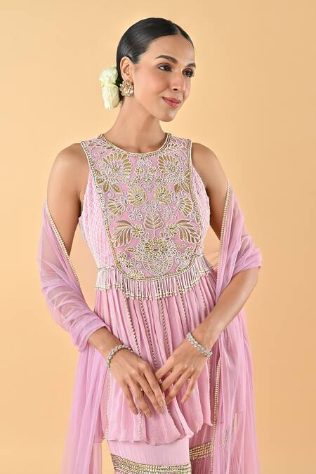 Buy_Keith Gomes_Lilac Chiffon, Crepe, Net Beads, Zari, And Embroidered Panel Tunic Gharara Set _Online_at_Aza_Fashions