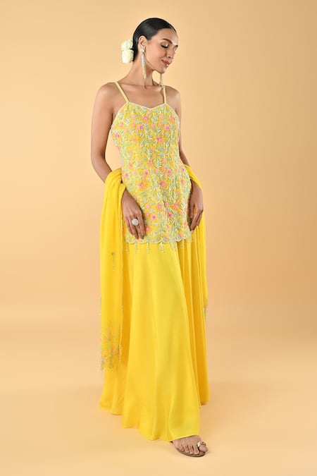 Keith Gomes_Yellow Silk Organza Beads, Embroidery Glass Flower Tunic Palazzo Set _Online_at_Aza_Fashions