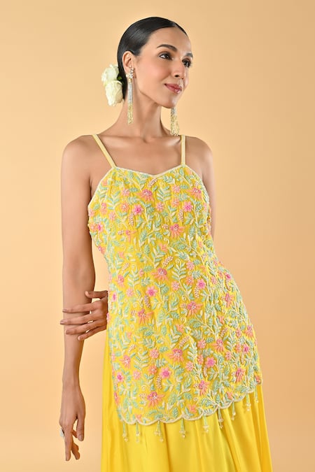 Buy_Keith Gomes_Yellow Silk Organza Beads, Embroidery Glass Flower Tunic Palazzo Set _Online_at_Aza_Fashions