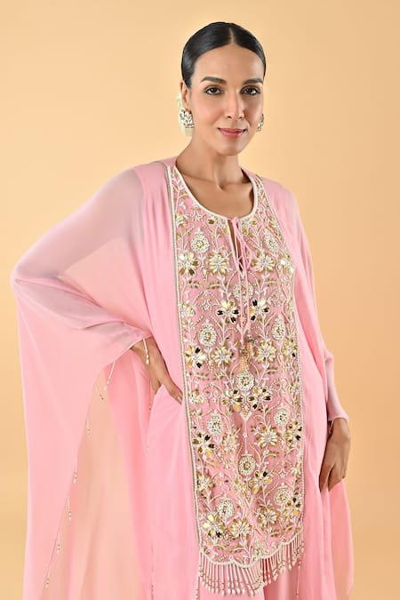 Keith Gomes_Pink Georgette Pearls, Mirrors, Embroidery And Embellished Tunic & Palazzo Set _Online_at_Aza_Fashions