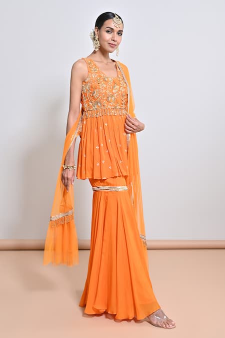 Keith Gomes_Orange Georgette, Silk Organza, Net Zari, Zardozi Peplum Top And Gharara Set _Online_at_Aza_Fashions