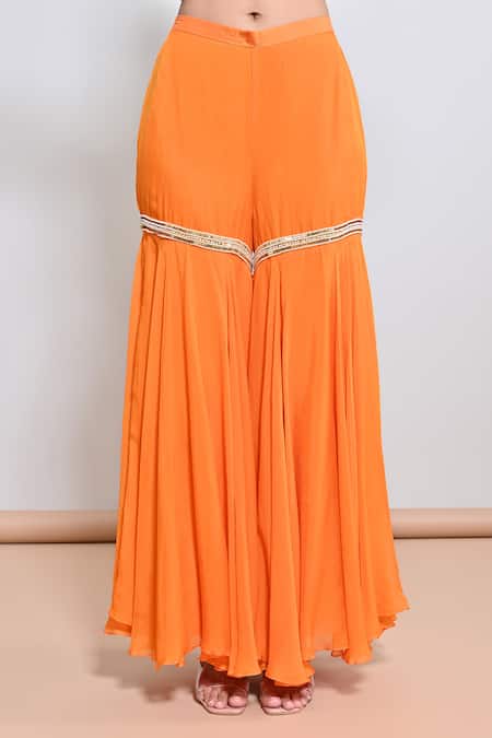 Buy_Keith Gomes_Orange Georgette, Silk Organza, Net Zari, Zardozi Peplum Top And Gharara Set _Online_at_Aza_Fashions