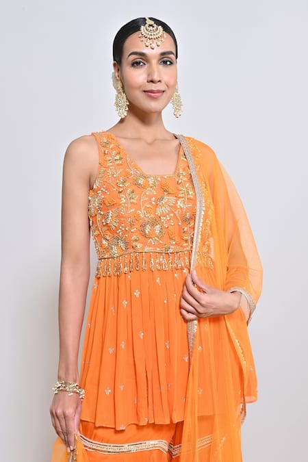 Shop_Keith Gomes_Orange Georgette, Silk Organza, Net Zari, Zardozi Peplum Top And Gharara Set _Online_at_Aza_Fashions