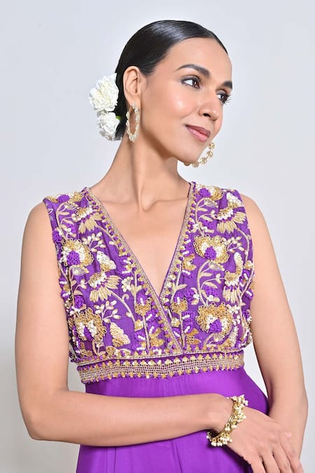 Keith Gomes_Purple Chiffon, Crepe Embroidery, Beads, Zari V-neck Zardozi Flare Jumpsuit _Online_at_Aza_Fashions