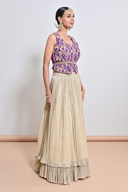 Buy_Keith Gomes_Purple Silk Organza, Chiffon Embroidery, Zari, Zardozi Peplum Top And Skirt Set _Online_at_Aza_Fashions