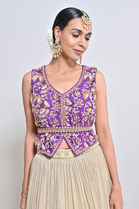 Shop_Keith Gomes_Purple Silk Organza, Chiffon Embroidery, Zari, Zardozi Peplum Top And Skirt Set _Online_at_Aza_Fashions