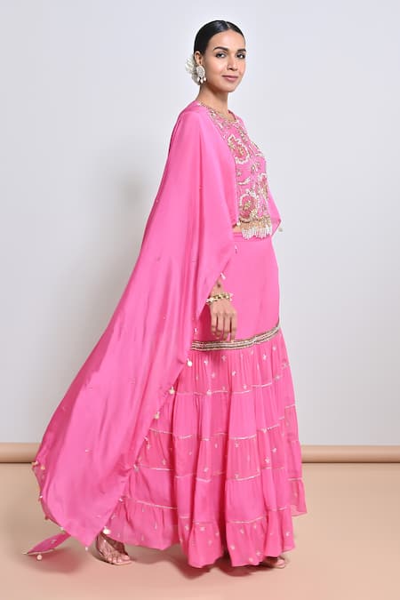 Keith Gomes_Pink Silk Organza, Chiffon, Crepe Beads, And Embellished Tunic & Gharara Set _Online_at_Aza_Fashions