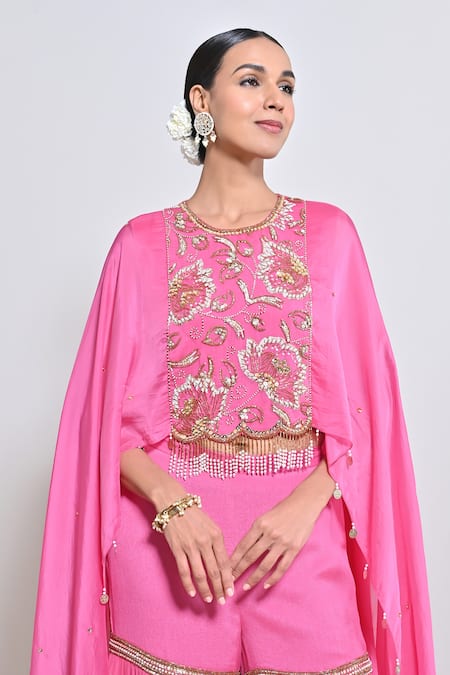 Buy_Keith Gomes_Pink Silk Organza, Chiffon, Crepe Beads, And Embellished Tunic & Gharara Set _Online_at_Aza_Fashions