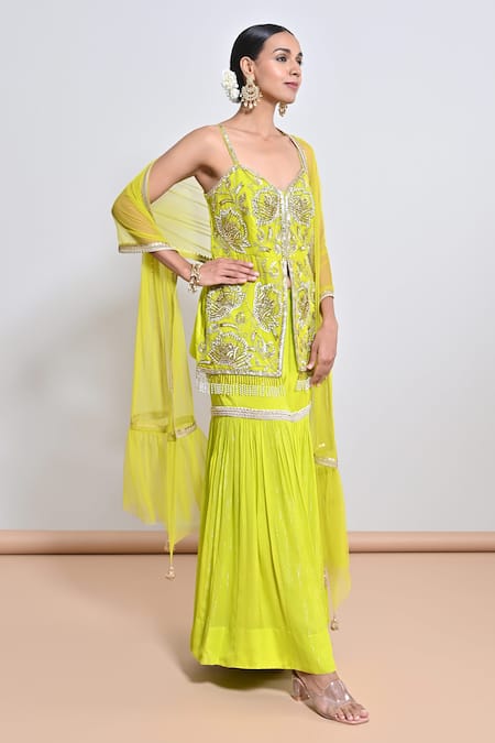 Keith Gomes_Green Silk Organza, Chiffon, Crepe, Net Beads, And Embellished Tunic Gharara Set _Online_at_Aza_Fashions