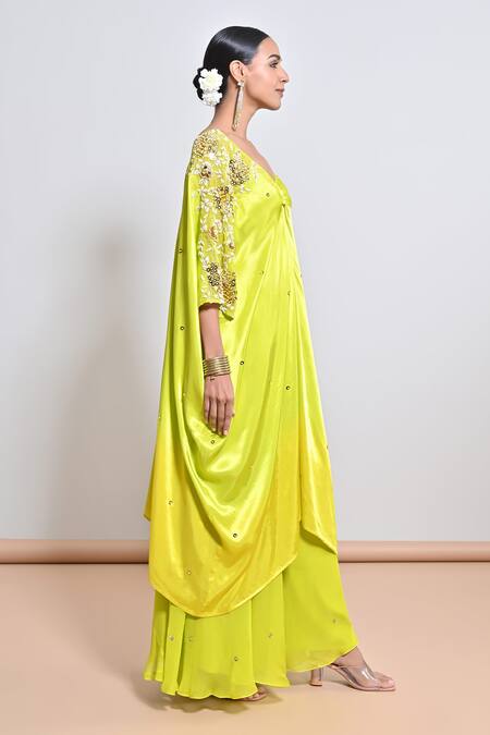 Keith Gomes_Lime Satin, Silk Organza Beads, Ombre Shaded Kaftan And Flared Palazzo Set _Online_at_Aza_Fashions