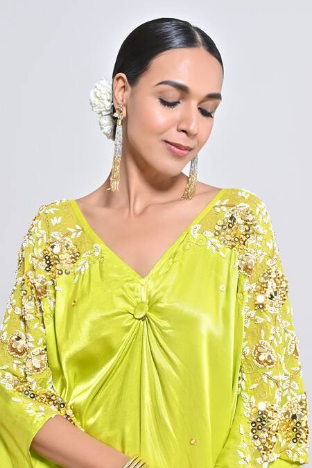 Buy_Keith Gomes_Lime Satin, Silk Organza Beads, Ombre Shaded Kaftan And Flared Palazzo Set _Online_at_Aza_Fashions
