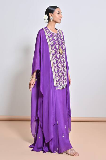Keith Gomes_Purple Chiffon, Crepe Sequins, Tassels, Embroidery, Metallic Tunic And Palazzo Set _Online_at_Aza_Fashions