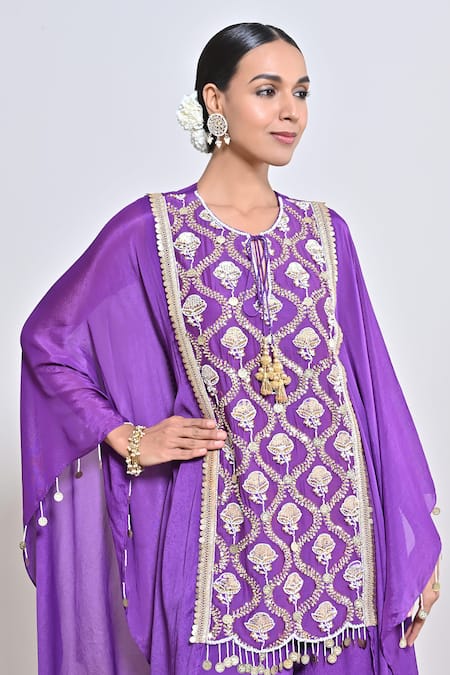 Buy_Keith Gomes_Purple Chiffon, Crepe Sequins, Tassels, Embroidery, Metallic Tunic And Palazzo Set _Online_at_Aza_Fashions