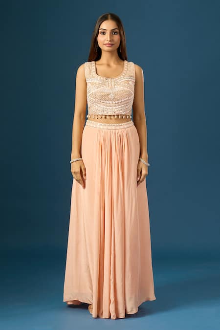 Samyukta Singhania Peach Organza, Crepe Mirrors, Sequins, Zari, Hand Embroidered Shrug Skirt Set at Aza Fashions Samyukta Singhania_Peach Organza, Crepe Mirrors, Sequins, Zari, Hand Embroidered Shrug Skirt Set _at_Aza_Fashions