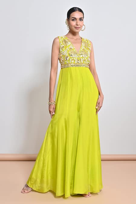 Keith Gomes_Green Silk Organza Beads, Mirrors, Sequins V-neck And Embellished Jumpsuit _Online_at_Aza_Fashions