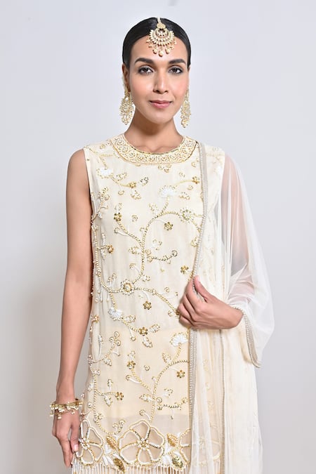 Buy_Keith Gomes_Beige Silk Organza, Net Pearls, Sequins, And Cutwork Flower Tunic & Palazzo Set _Online_at_Aza_Fashions