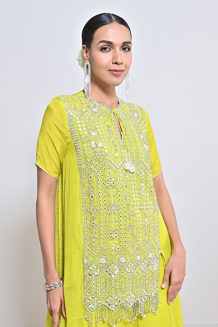 Keith Gomes_Green Chiffon, Crepe Sequins, Beads, And Embellished Tunic & Palazzo Set _Online_at_Aza_Fashions