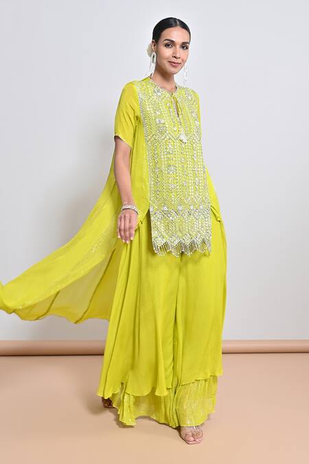 Buy_Keith Gomes_Green Chiffon, Crepe Sequins, Beads, And Embellished Tunic & Palazzo Set _Online_at_Aza_Fashions