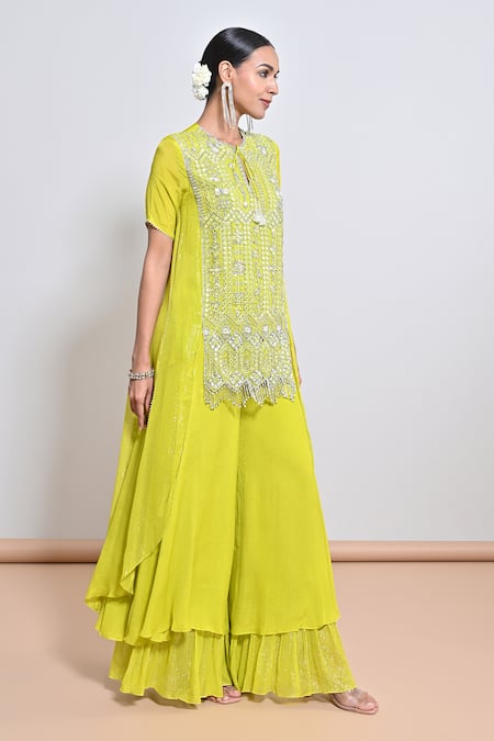 Shop_Keith Gomes_Green Chiffon, Crepe Sequins, Beads, And Embellished Tunic & Palazzo Set _Online_at_Aza_Fashions